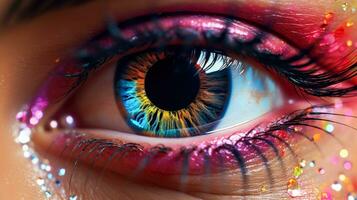 vif globe oculaire avec arc en ciel iris et briller cils une femelle œil ai généré photo