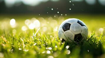 traditionnel football Balle repos sur herbe. génératif ai photo