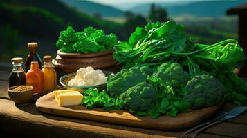 Frais et biologique produire sur une en bois table avec une ferme vue ai généré photo