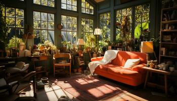 confortable moderne vivant pièce avec élégant meubles et Naturel éclairage généré par ai photo