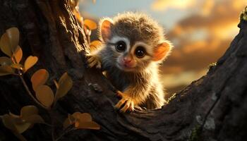 mignonne petit singe séance sur arbre, à la recherche à caméra ludique généré par ai photo