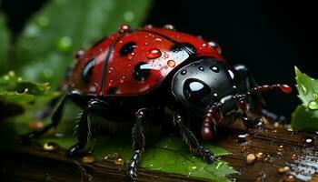 petit coccinelle rampant sur humide feuille dans vert printemps forêt généré par ai photo