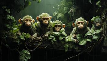 mignonne singe famille séance sur arbre dans tropical forêt tropicale généré par ai photo