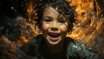 une de bonne humeur enfant éclabousser eau, souriant avec joie dans la nature généré par ai photo