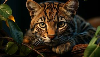 une mignonne rayé félin en regardant, une beauté dans la nature danger généré par ai photo