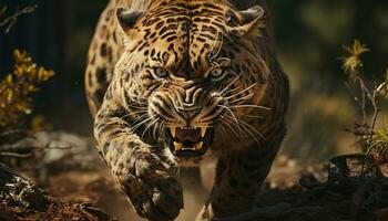 majestueux Bengale tigre en marchant dans le sauvage, regarder avec furieux yeux généré par ai photo