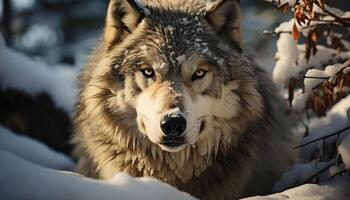 une mignonne gris Loup dans le neige, à la recherche à le caméra généré par ai photo