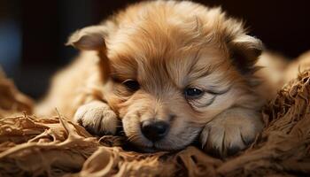 mignonne chiot mensonge bas, duveteux fourrure, espiègle yeux, de race chien généré par ai photo