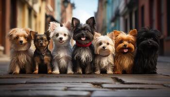 mignonne petit chiot séance en plein air, à la recherche à caméra avec relation amicale généré par ai photo