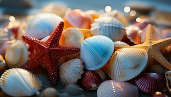 la nature beauté dans été étoile de mer, sable, eau, et coquillages généré par ai photo