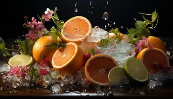 fraîcheur dans une verre agrumes, chaux, citron, glace, cocktail, tranche, orange, humide, en bonne santé généré par ai photo