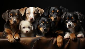 mignonne chiot séance, à la recherche à caméra, entouré par duveteux copains généré par ai photo