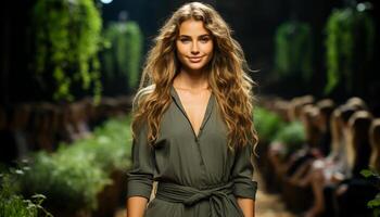 souriant femme, beauté dans nature, portrait de Jeune élégance généré par ai photo