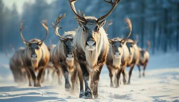 une majestueux cerf court par le neigeux hiver forêt généré par ai photo