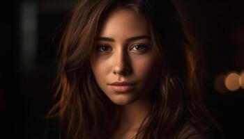 magnifique Jeune femme avec longue marron cheveux, à la recherche en toute confiance à caméra généré par ai photo