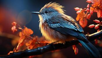 tranquille scène vibrant couleurs, animal se percher sur bifurquer, la nature beauté généré par ai photo