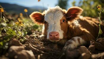 une mignonne vache broute dans une vert Prairie sur une ferme généré par ai photo