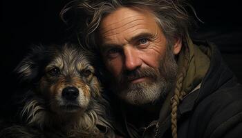 une fidèle homme avec une mignonne chien, tous les deux souriant Heureusement généré par ai photo