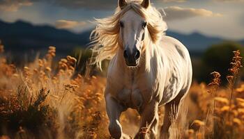 une majestueux étalon court librement dans le tranquille Prairie généré par ai photo