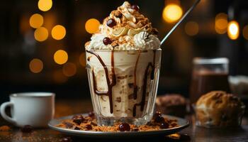 indulgent dessert crémeux Chocolat Milk-shake avec fouetté crème et biscuit généré par ai photo