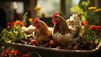 une frais, biologique poulet sur une cultiver, entouré par la nature généré par ai photo