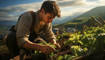 Hommes travail sur une cultiver, profiter le été, entouré par la nature généré par ai photo