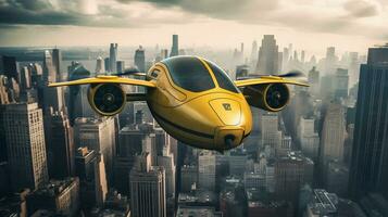 futuriste Jaune en volant taxi planant plus de Manhattan génératif ai photo