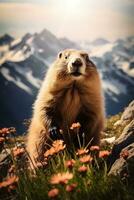 majestueux marmotte une Montagne portrait génératif ai photo