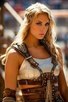 guerrier jeune fille une magnifique Jeune femelle gladiateur viking avec blond cheveux et bleu yeux génératif ai photo