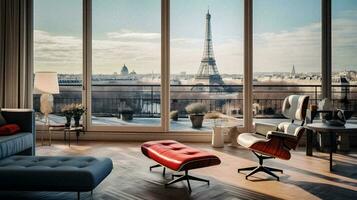 luxe minimaliste vivant pièce avec Eiffel la tour vue génératif ai photo