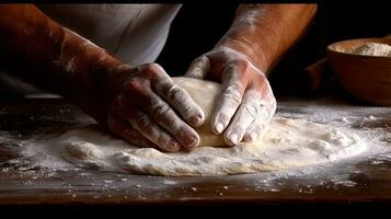 Hommes mains saupoudrer une pâte avec farine fermer- en haut. chef prépare le pâte avec farine à faire Pizza. ai généré photo