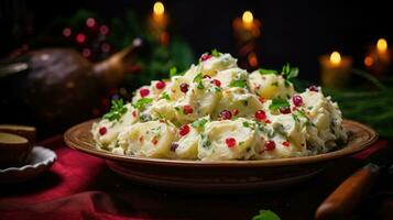 Noël Patate salade sur une plaque. génératif ai photo