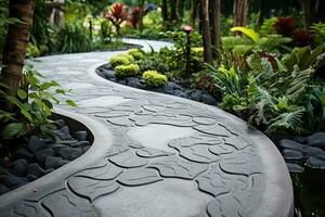 béton marcher chemin dans le jardin proche en haut. génératif ai photo