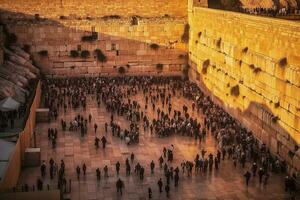 d'or lumière de le coucher du soleil sur le occidental mur dans Jérusalem, Haut vue génératif ai photo