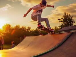 adolescent patineur à le coucher du soleil dans une génératif amélioré par l'IA skatepark photo