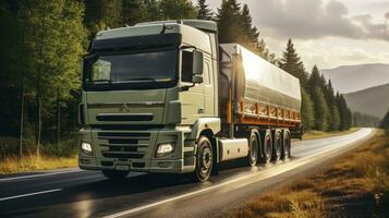 forêt passage. une blanc camion conduire par des bois sérénité. génératif ai photo