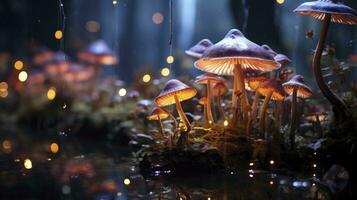 un enchanteur forêt avec géant embrasé champignons moulage un éthéré lumière, lucioles dansant dans le air, une sens de merveille et la magie dans cette mystique des bois, la photographie photo