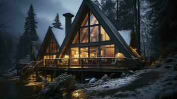 une confortable Montagne cabine niché dans une neigeux forêt photo