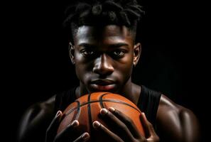 homme des sports joueur basketball athlète en portant noir la personne en bonne santé Balle professionnelle. génératif ai. photo