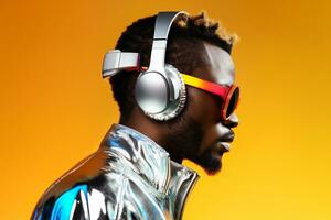 portrait écouteurs Hommes la musique la personne dj Jeune africain noir mode de vie adulte. génératif ai. photo