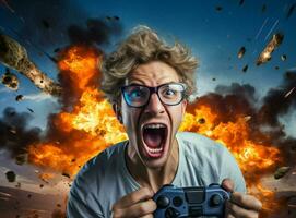 manette homme visage vidéo La technologie expression joueur gars portrait la télé en colère stress en ligne caucasien crier en jouant photo