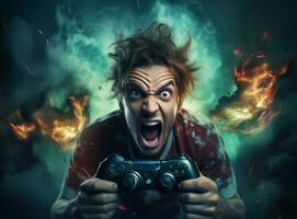 stress homme jeu joueur nuit La technologie en ligne portrait vidéo en jouant crier en colère canapé concept manette photo