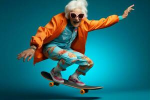 grand-mère femme positif studio moderne grand-mère planche à roulette mode de vie Roche fou vieux personnes âgées geste photo