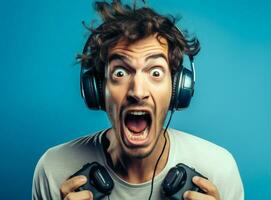 canapé homme en jouant stress en colère joueur La technologie adulte à l'intérieur portrait effrayé manette crier en ligne crier photo