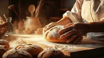 cuisinier nourriture boulanger pétrir cuisine farine Pâtisserie pâte chef mains. génératif ai. photo