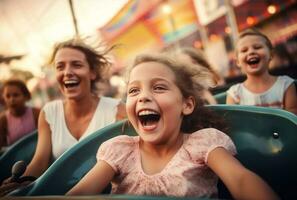 amusement parc rire rouleau monte content famille fille Coaster en plein air les enfants. génératif ai. photo