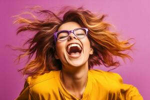 femme beauté des lunettes de soleil attrayant modèle caucasien Jeune rose Jaune portrait mode. génératif ai. photo