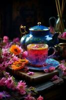 la vie vert théière en bonne santé fleurs chaud à base de plantes boisson l'eau Contexte santé encore thé photo