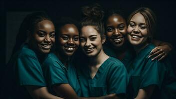 beauté noir infirmière médecin clinique caucasien groupe santé célébrité portrait femmes. génératif ai. photo