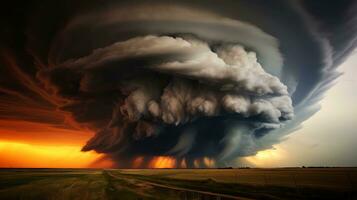 tornade dans orageux paysage, tonnerre tempête, climat changement, Naturel catastrophe, génératif ai illustration photo